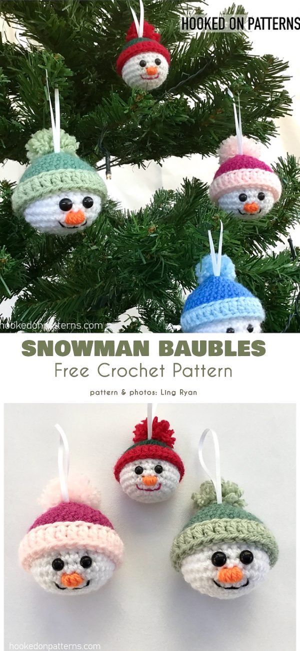 crocheted snowman ornament ornaments are hanging from a christmas tree with text overlay that says, free crochet pattern