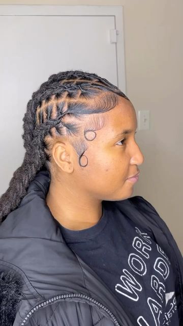 Corn Rows On Locs, Locs Two Braids, Feed In Braids On Locs, Straight Backs On Locs, Locs Straight Back, Loc Cornrows With Added Hair, Locs In Cornrows, Loc Bob On Short Locs, Cornrow Locs Black Women