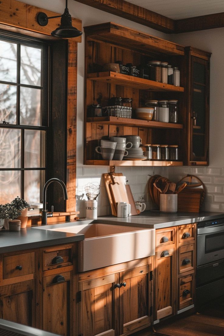 a kitchen with wooden cabinets and open shelves