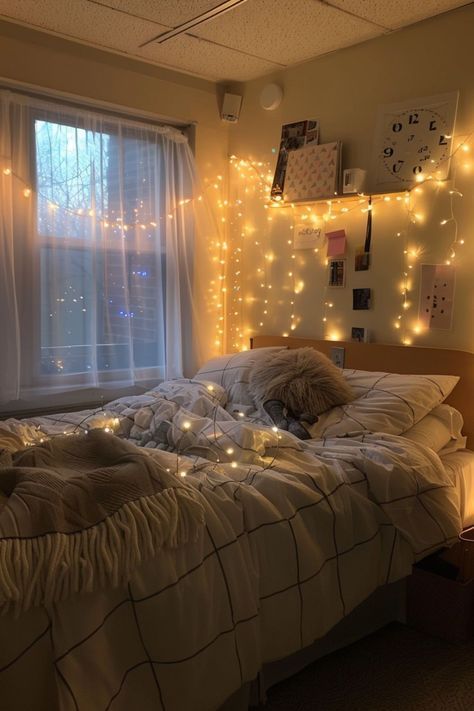 an unmade bed in front of a window with fairy lights on the wall above it