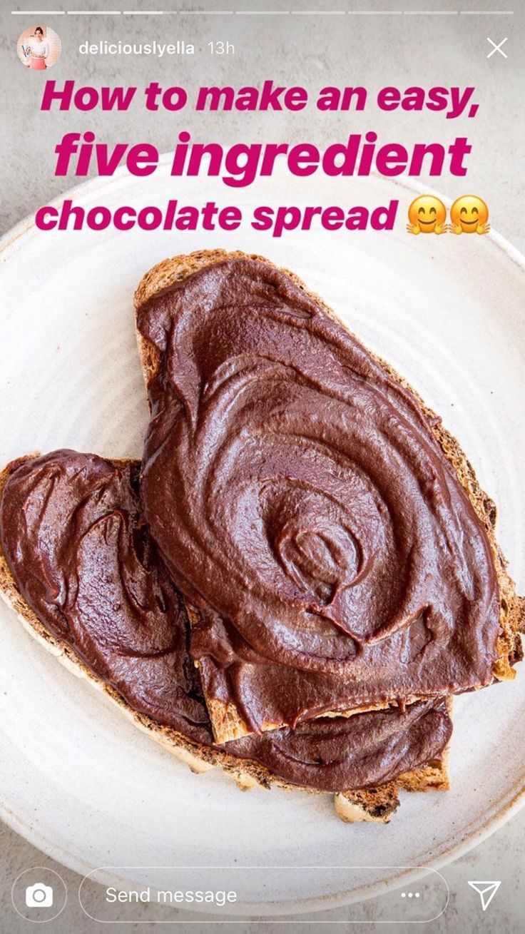 two pieces of bread with chocolate spread on it and the words how to make an easy, five ingredient chocolate spread