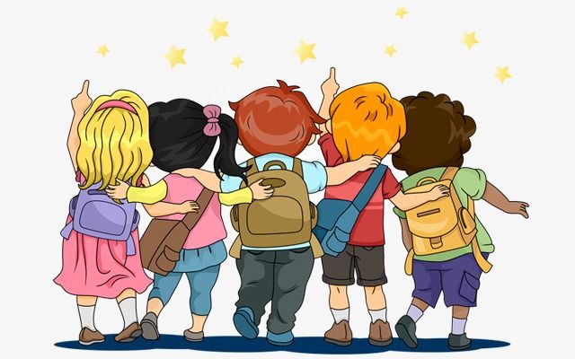 a group of children with backpacks and stars on their backs, looking up at the sky