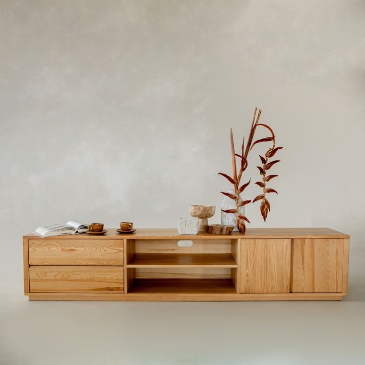 a plant is sitting on top of a wooden entertainment center that has drawers and doors