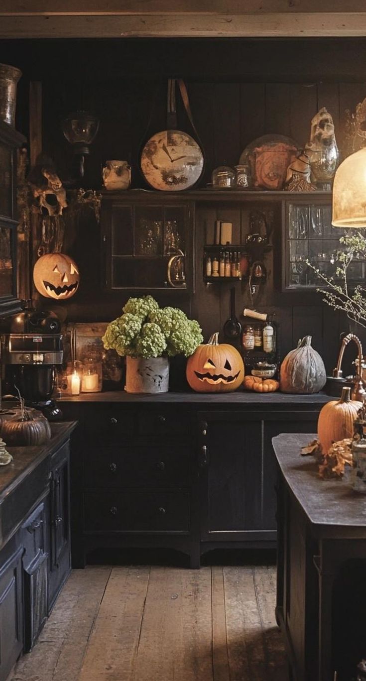 a kitchen filled with lots of halloween decorations