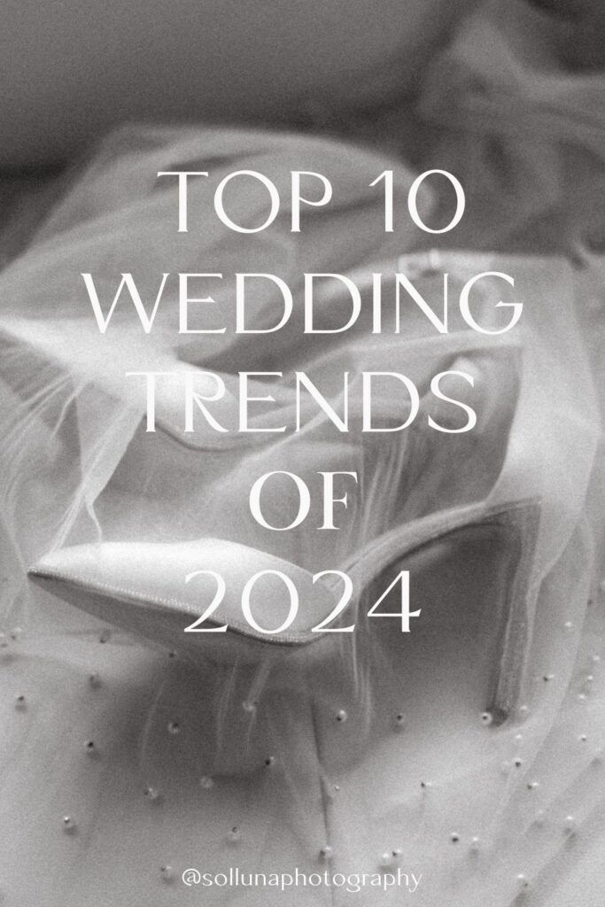 the words top 10 wedding trends of 2014 are in front of an image of a white dress