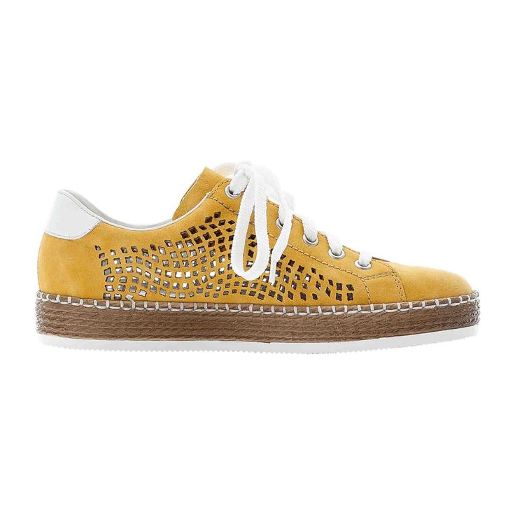 Rieker FSK Women's Yellow Lace-Up Shoes Rieker FSK Women's Yellow Lace-Up Shoes Upgrade your shoe collection with these stylish Rieker FSK Women's Halbschuhe in vibrant yellow. Crafted from high-quality synthetic leather, these shoes feature a narrow to normal width (F) and a comfortable 3cm heel height. The lace-up closure ensures a secure fit, while the Light-Riricon sole provides durability and support.   Main Features:    High-quality synthetic leather material  Narrow to normal width (F)  Comfortable 3cm heel height  Lace-up closure for a secure fit  Light-Riricon sole for durability and support    Care Instructions:  Remove dust and dirt with a soft shoe brush or a lint-free, slightly damp cloth. Gold Lace-up Sneakers With Textured Sole, Yellow Leather Sneakers For Summer, Mustard Lace-up Sneakers With Rubber Sole, Yellow Lace-up Sneakers With Rubber Sole, Spring Yellow Flat Heel Sneakers, Yellow Sneakers With Studded Rubber Outsoles, Yellow Leather Sneakers With Perforations, Mustard Leather Lace-up Sneakers, Yellow Sneakers With Perforations And Round Toe