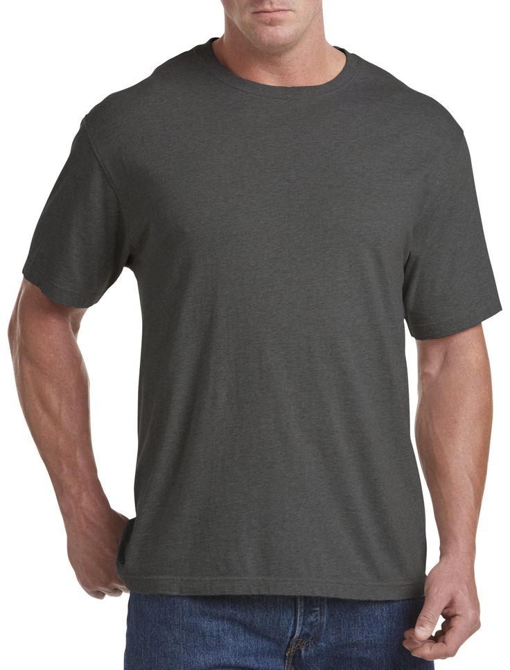 Quite possibly the most versatile style you'll add to your wardrobe, and wear all year long, this T-shirt keeps you cool and comfortable with its moisture-wicking fabric and redesigned fit. Tagless for extra comfort, this essential tee resists pilling, twisting and fading for long-lasting wear. Pair it with jeans for date night, a sport coat and twill pants for the office or shorts and sandals for the beach. It's a must-have you must have! Exclusively DXL ​ Solids: 100% cotton; heathered styles: Moisture-wicking Gray T-shirt Crew Neck, Solid Color Cotton Shirt With Moisture-wicking, Solid Cotton Shirt With Moisture-wicking Details, Solid Cotton Shirt With Moisture-wicking, Cotton Moisture-wicking Shirt, Comfortable Gray Crew Neck T-shirt, Moisture-wicking Cotton Short Sleeve T-shirt, Moisture-wicking Cotton T-shirt With Short Sleeves, Cotton Moisture-wicking Short Sleeve T-shirt