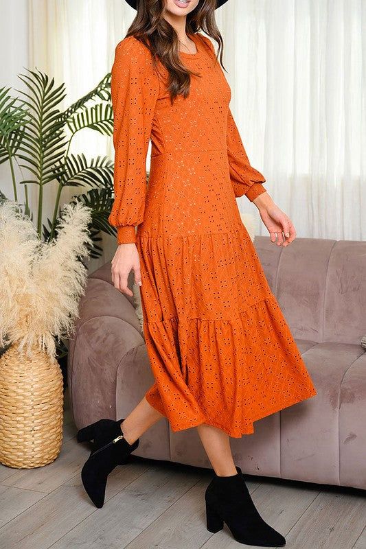 Look and feel delightful in this elegant long sleeve eyelet knit dress. This is 97% Polyester 3% Spandex, Lining: 100% Polyester. Hand Wash. Made in USA. The model is wearing size small Length: 47" Bust: 30" Waist: 16". Modest Stretch Midi Dress For Fall, Stretch Dresses For Brunch In Fall, Stretch Dress For Fall Brunch, Modest Long Sleeve Midi Dress For Fall, Casual Pointelle Knit Dresses For Fall, Spring Long Sleeve Stretch Midi Dress, Modest Midi Dress For Fall Brunch, Spring Stretch Midi Length Long Sleeve Dress, Stretch Midi-length Long Sleeve Dress For Spring