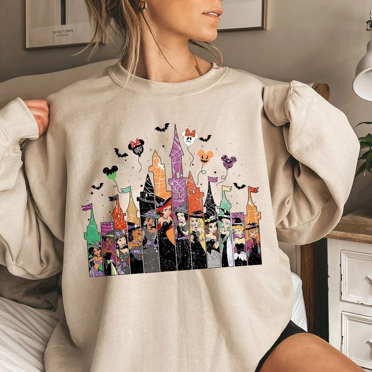 Vintage Disney Princess Halloween Sweatshirt Long Sleeve Character Print T-shirt For Disney Trips, Disney Fan Merchandise T-shirt For Fall, Fall Disney Character Print Tops, Disney Character Print Tops For Fall, Disney Long Sleeve Tops For Fall, Character Print Top For Disney Fan Events In Fall, Disney Character Print Long Sleeve Sweatshirt, Disney Long Sleeve Sweatshirt With Character Print, Disney Letter Print T-shirt For Fall