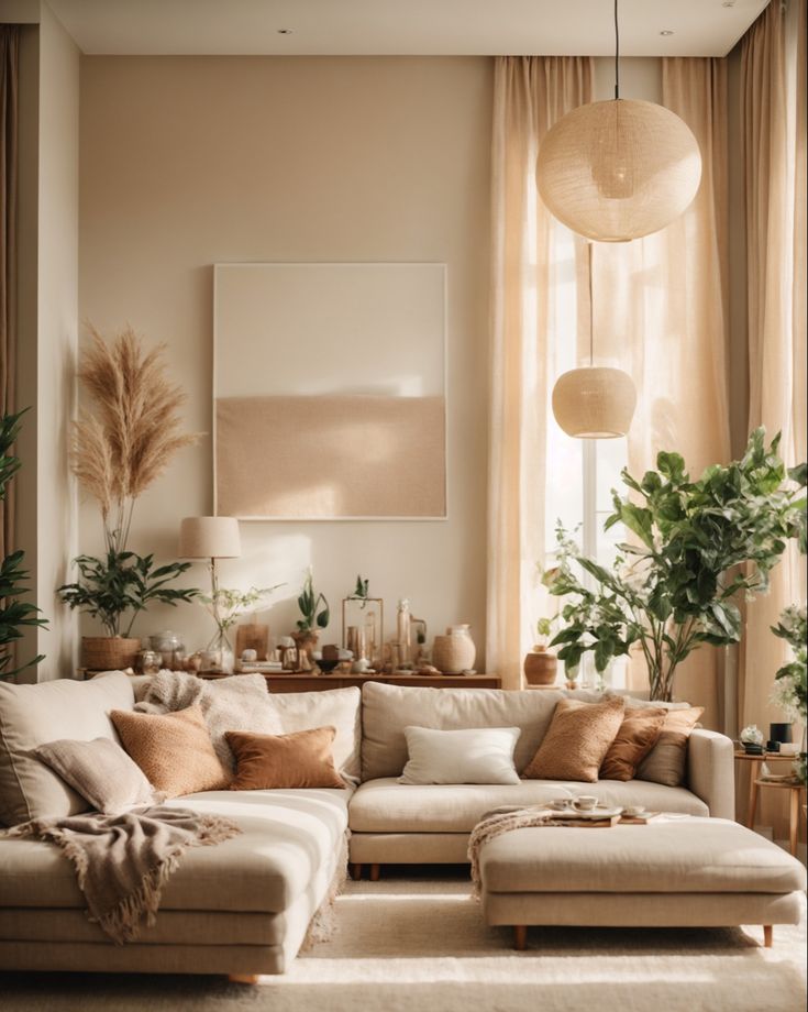 a living room filled with lots of furniture and plants on top of the couches