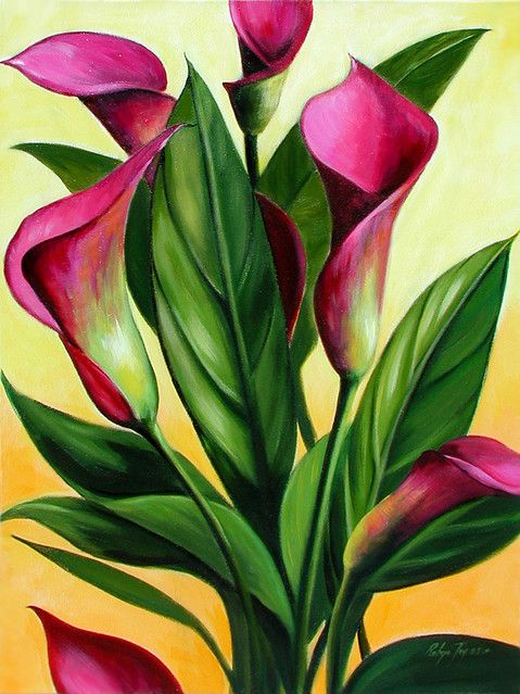 a painting of pink flowers with green leaves