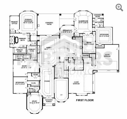 the first floor plan for this luxury home, which is located at the end of a driveway