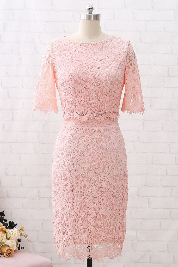 MACloth Short Sleeves Lace Peach Cocktail Dress Knee Length Wedding Pa Short One Piece Dress Western, One Piece Dress Knee Length, Peach Cocktail Dress, One Piece Dress Western, Peach Dress Short, Short One Piece Dress, Frock Photos, Brukat Dress, Peach Color Dress