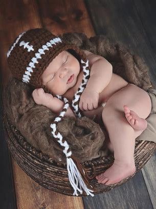 Football Earflap Hat by Two Seaside Babes Crochet Football Hat Free Pattern, Crochet Football Hat, Football Crochet, Newborn Football, Crochet Football, Baby Football, Baby Turkey, Thanksgiving Baby, Bonnet Crochet