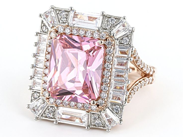 Vanna K™ Bella Luce® pink and white diamond simulants 13.47ctw emerald, baguettes, and round Eterno™ 18k rose gold over sterling silver and Platineve™ ring. Measures approximately 0.88"L x 0.81"W and is not sizable. Each Vanna K™ design has a signature label that features a lab created sapphire. The diamond equivalent weight is 8.16ctw. Pink Baguette Diamond Rings, Elegant Pink Baguette Cut Jewelry, Pink Baguette Diamond Wedding Jewelry, Pink Jewelry With Baguette Diamonds For Anniversary, Fine Jewelry Pink Baguette Diamonds, Pink Baguette Diamond Fine Jewelry, Pink Baguette Diamond Rings For Gift, Elegant Pink Baguette Diamond Jewelry, Elegant Pink Jewelry With Baguette Diamonds