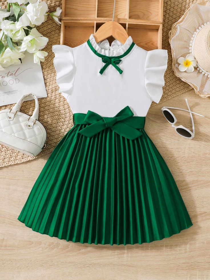 Verde Dulce Collar Manga capa Tela Color combinado A línea Embellished No-Elástico Pleated School Dress For Spring, Spring School Pleated Dress, Spring Pleated School Dress, Pleated School Dress For Summer, Pleated Summer School Dress, Summer School Pleated Dresses, Casual Pleated School Dresses, Casual Ruffled Dresses For School, Green Casual School Dress