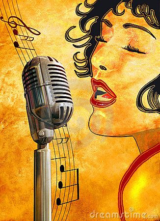 a painting of a woman singing into a microphone