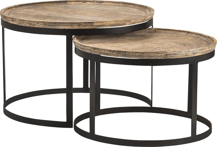 two round tables with metal bases and wood tops