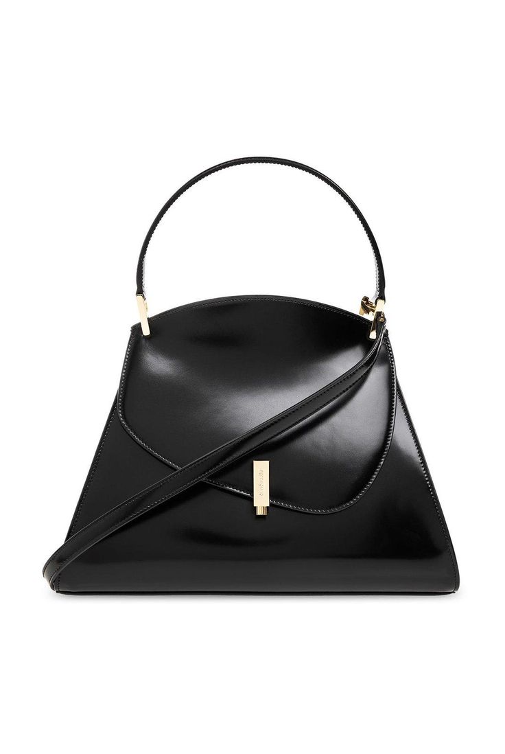 Composition: 100% Calf Leather | Ferragamo Women's Prisma Asymmetric-top Tote Bag in Black | SS24 Asymmetrical Tops, Black Tote, 7 And 7, Luxury Retail, Luxury Boutique, Salvatore Ferragamo, Leather Tote, Calf Leather, Designer Shoes