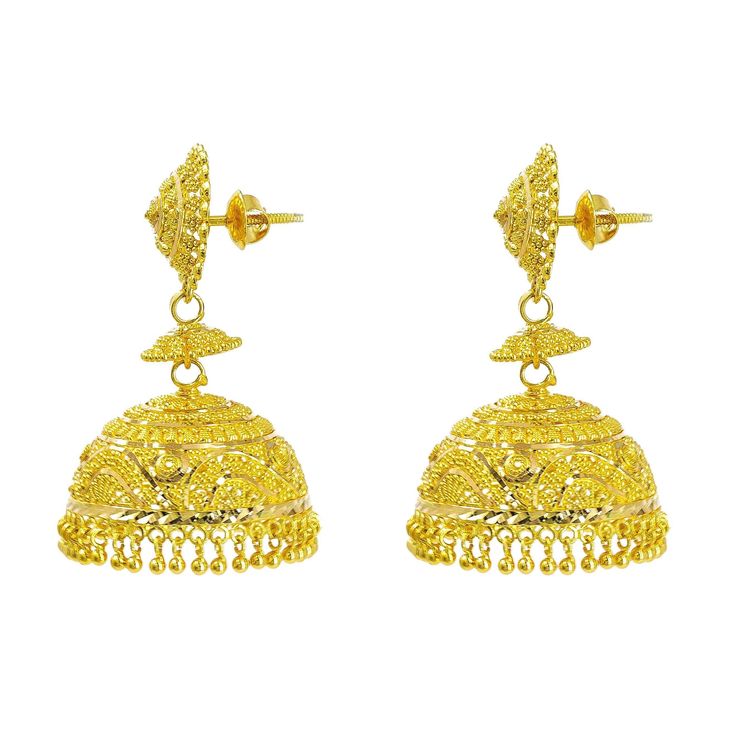 22K Yellow Gold Jhumki Earrings W/ Textured Design & Round Petaled Pendant for women. Add a needed touch of gold to your attire with these lovely earrings, intricately designed with small solid gold balls and a pendant outlined with petal-like details. Each earring is 50 mm long, 27 mm wide and weigh a total of 33.5 grams. Jhumki Earrings, Pendant For Women, Textured Design, Touch Of Gold, Yellow Gold Earring, Lovely Earrings, Gold Earrings, Solid Gold, Yellow Gold