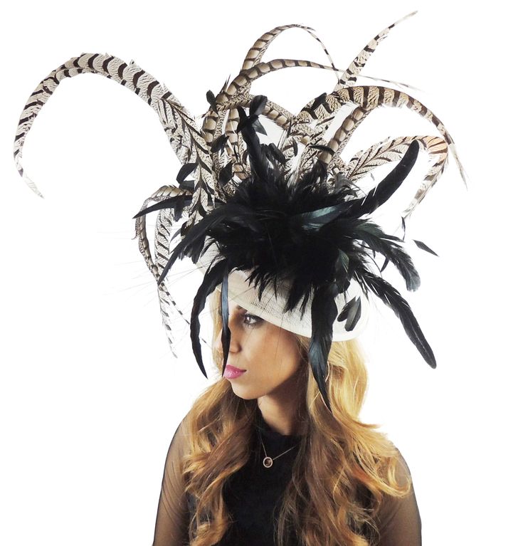 Spring Summer Collection Cinna Fascinator Base measures 12 inches Beautiful Lady Amhurst Natural Pheasant Tail Feathers (please note they are naturally a greyish tone and not a brilliant white) hand curled with a mass of coque and hackle. We can do this in other colours. please email us for colour requests. With black headband Due to the size this must be sent UPS Please be aware that all fascinators & hats are made to order and during busier times during April May & June dispatch can ta Feathered Fitted Mini Hats For Costume Party, Black Feather Headpiece For Spring, Feathered Evening Hat For Carnival, Feathered Costume Hats And Headpieces For Races, Adjustable Mini Hats For Carnival And Kentucky Derby, Fitted Headband Fascinator For Carnival, Feathered Hats And Headpieces For Kentucky Derby Costume Party, Feathered Hat For Kentucky Derby Costume Party, White Carnival Party Fascinator