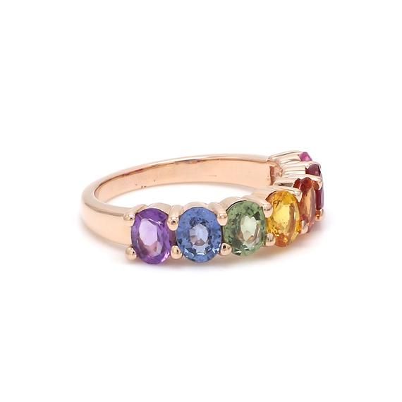 Rainbow sapphire amethyst ruby eternity band ring in 14k 18k gold, Natural rainbow gemstone ring, Rainbow ring gold, Seven chakras ring goldSTONE DETAILS :✦ Gemstone: Rainbow Sapphire, Ruby, Amethyst✦ Gemstone Type : Natural✦ Gemstone Size : 5x4 mm✦ Gemstone Shape : Oval cut✦ Number of gemstones : 7✦ Gemstone Weight : 3-4 carats✦ Gemstone Grade : AAAMETAL DETAILS :✦ Metal : 14K/18K Gold✦ Metal Color : Yellow / White / Rose Gold✦ Setting : Shared Prong Setting✦ Ring Box : YesSHIPPING DETAILS :✦ S Yellow Gold Multi-stone Round Cut Jewelry, Fine Jewelry Sapphire Gemstones In Yellow Gold, Yellow Gold Gemstone Ring Jewelry, Yellow Gold Sapphire Gemstone In Fine Jewelry Style, Fine Jewelry Yellow Gold Sapphire Gemstones, Yellow Gold Sapphire Gemstones Fine Jewelry, 14k Gold Multi-stone Round Jewelry, 14k Gold Multicolor Gemstone Jewelry, Fine Jewelry Gemstone In Round Band