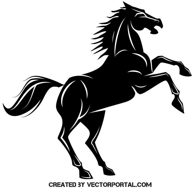 a black and white silhouette of a horse on its hind legs, with the tail flapping