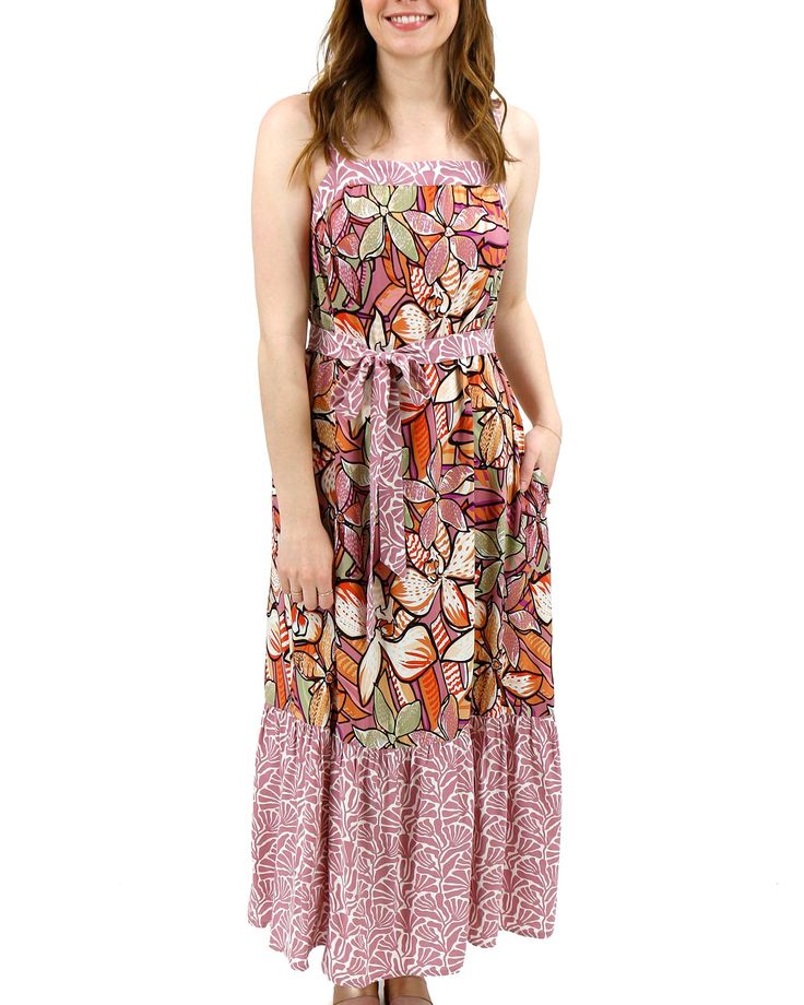 Floral Summer Maxi Dress in Floral Print | Pink Floral Dress The summer dress you’ve been dreaming of! The Floral Summer Maxi Dress has everything you need to keep you comfy while elevating your look for any summer occasion. Smocking at the center back and wide, adjustable straps make for a versatile fit while the detachable waist tie creates a custom, flattering silhouette; all in a head-turning, custom-designed floral print. Why you’ll love it: Pink floral maxi dress with flattering modest squ Summer Maxi Tiered Dress, Cotton Sundress For Beach Brunch, Bohemian Tiered Maxi Dress For Vacation, Casual Flowy Tiered Boho Dress, Summer Tiered Printed Maxi Dress, Summer Tiered Maxi Dress With Print, Pink Rayon Summer Maxi Dress, Pink Rayon Midi Beach Dress, Pink Rayon Maxi Dress For Summer