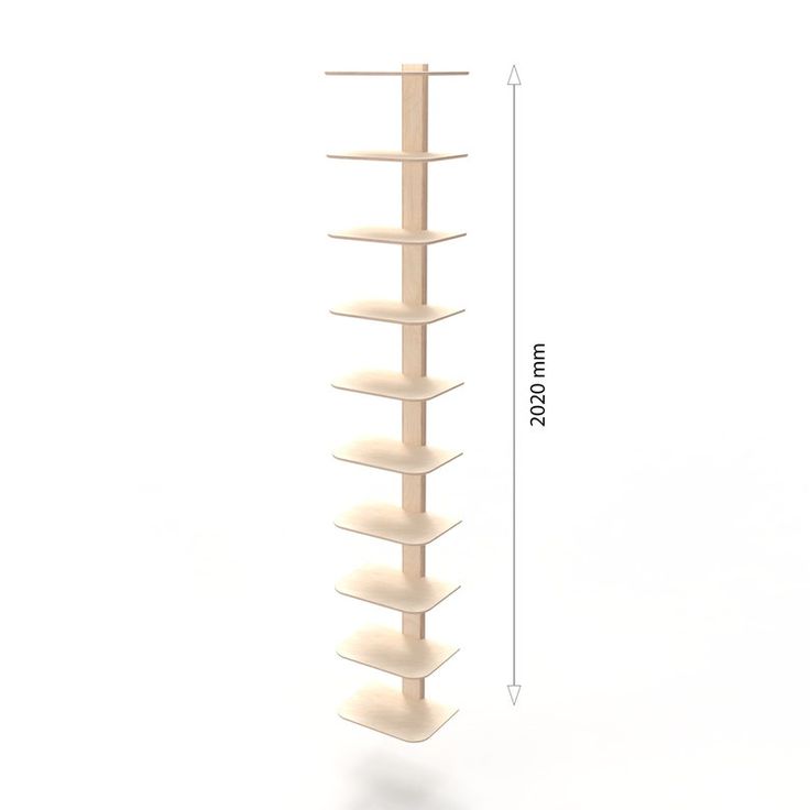 a tall wooden shelf with three shelves on each side, and an area for the top to