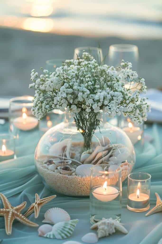 a vase filled with flowers and candles on top of a blue cloth covered tablecloth