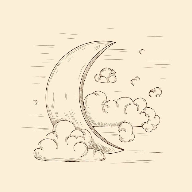 a drawing of a half moon with clouds