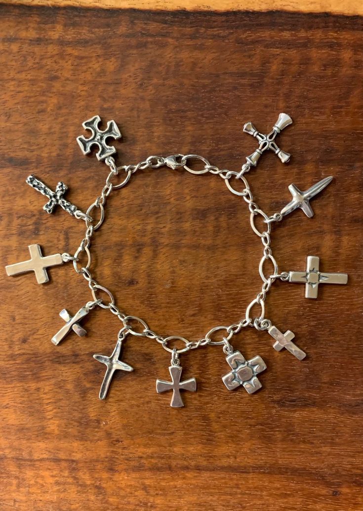 MANY CROSSES BRACELET - Charmworks Nickel Free Sterling Silver Cross Bracelets, Spiritual Silver Cross Charm Bracelet, Spiritual Silver Charm Bracelet With Cross, Spiritual Sterling Silver Cross Rosary Bracelet, Sterling Silver Cross Rosary Bracelet, Sterling Silver Spiritual Rosary Bracelet With Cross, Bracelet Chain, Elegant Bracelet, Cross Bracelet