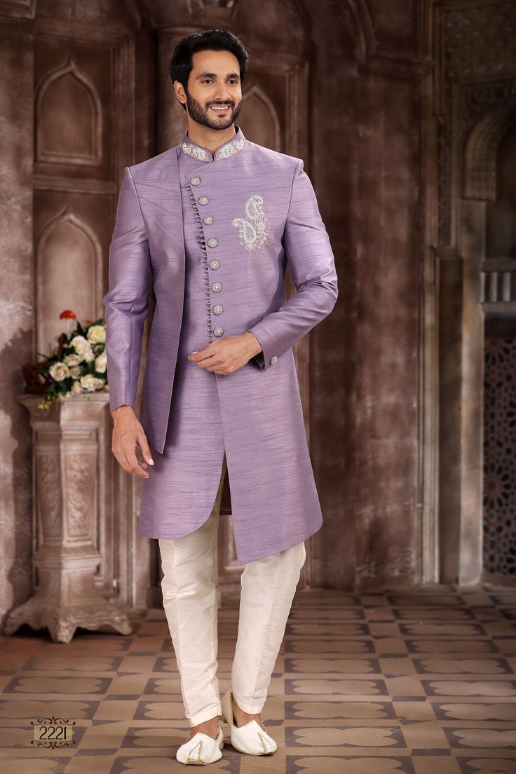 This is only a reference purpose image.... Sherwani For Men, Check Our Wide Range of Stylish and Trending Menswear for Every Special Occasion, Ceremony, Function, Marriage, Wedding, Etc, Product Details:  Top Details:  Color- purple Fabric- Premium Suiting Fabric Bottom Details:  Color- white Chudidaar Pajama (Free Size) Fabric- Banarasi silk **Important Note 1 CUSTOMIZATION - We Can Customize the Products That Are Not Printed, Contact Us Via Messages If You Have Any Queries. ---------------------------- COLOR - Color Can Be Customized for the Products(not Printed), Tell Us What Color You Want or We Will Make That for You, **Important Note 2 MEASUREMENT- the Measurements Are to Be Given According to the Chart Given in the Picture.  ---------------------------- For Accurate Fitting, You Hav Purple Kurta For Wedding And Eid Celebrations, Purple Kurta For Wedding And Eid Festivities, Purple Kurta For Wedding And Eid, Purple Straight Kurta For Wedding, Elegant Purple Kurta With Pallu, Fitted Purple Churidar With Dabka, Wedding Churidar In Purple With Self Design, Wedding Purple Churidar With Self Design, Traditional Purple Kurta For Formal Occasions