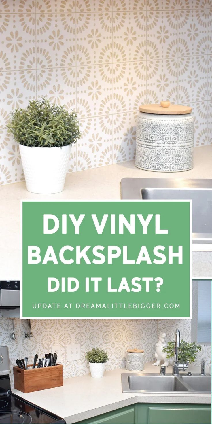 a kitchen counter with the words diy vinyl backsplash did it last?