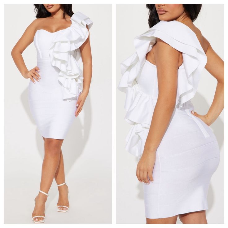 New Without Tags. White Ruffled Bodycon Evening Dress, White Ruffled Bodycon Dress For Evening, Elegant White Bodycon Dress With Ruffles, Feminine One-shoulder Dress With Ruffles, Summer Party Ruffle Dress With Ruffle Sleeves, Fitted White Mini Dress With Ruffles, Fitted One-shoulder Mini Dress With Ruffle Hem, Chic One-shoulder Mini Dress With Ruffled Skirt, One-shoulder Fitted Mini Dress With Ruffle Hem