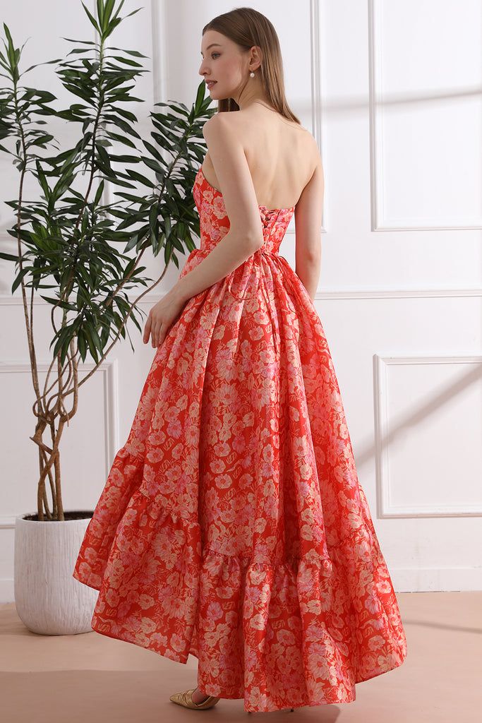 Strapless Floral Print Satin High Low Dress with Pocket Strapless Floral Print Dresses For Prom Season, Spring Bandeau Bridesmaid Dress, Spring Bridesmaid Bandeau Dress, Strapless Floral Print Midi Dress For Garden Party, Floral Print Strapless Dress For Prom, Strapless Floral Print Dress With Fitted Bodice, Strapless Dresses With Floral Print And Fitted Bodice, Floral Print Bandeau Dress For Garden Party, Bandeau Dress With Floral Print For Garden Party