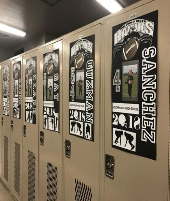 several lockers with football stickers on them