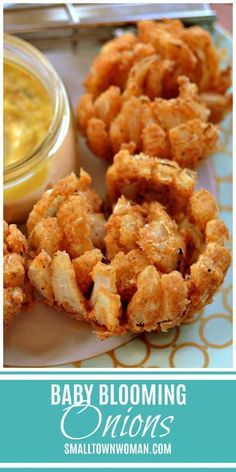 baby blooming onion rings on a plate with dipping sauce