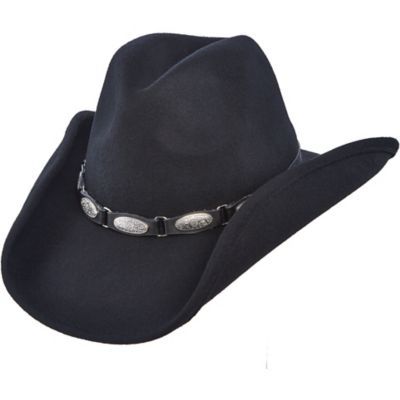 DPC Wool Felt Western Hat with Metal Conchos, Black Country Style Hat Bands For Outdoor, Black Western Hat For Outdoor, Rustic Winter Hats For Ranch, Rustic Winter Ranch Hats, Black Western Felt Hat For Winter, Fitted Western Felt Hat For Outdoor, Western Style Fitted Felt Hat For Outdoor, Fitted Country Hats For Outdoor, Black Felt Cap For Outdoor