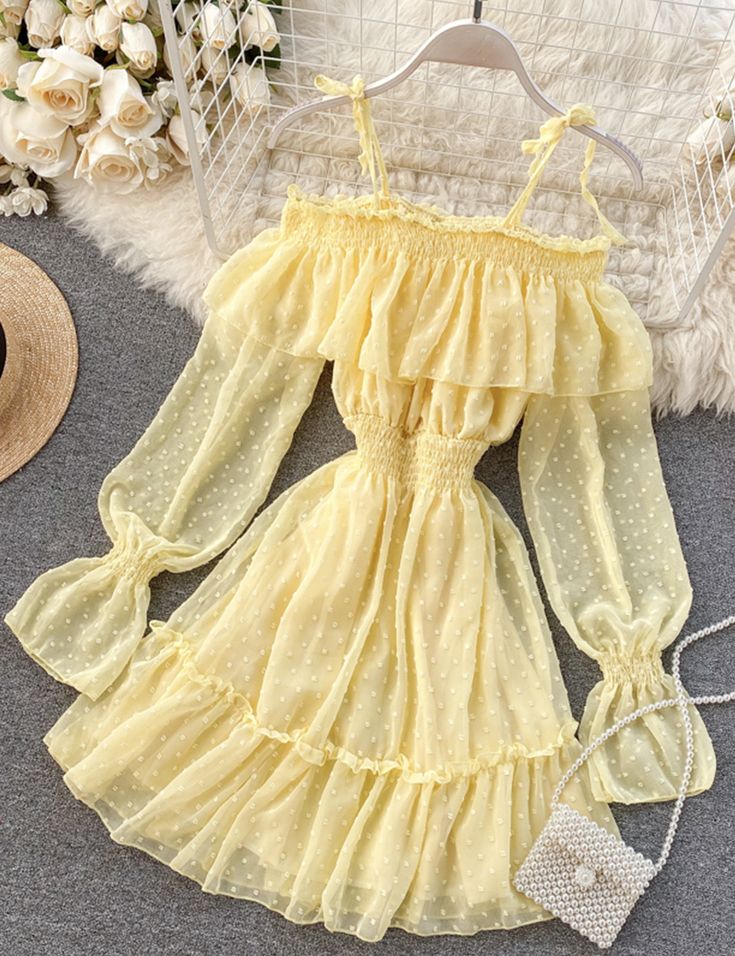 Lovely tulle long sleeve dressFabric: blendedColor: yellow, white, blue, blackSize(cm): free sizelength 86 bust 84-98 waist 54-70 Tulle Long Sleeve Dress, Istoria Modei, Off Shoulder Short Dress, Elastic Waist Dress, Mode Kpop, Dress Spaghetti, Really Cute Outfits, Teen Fashion Outfits, Waist Dress