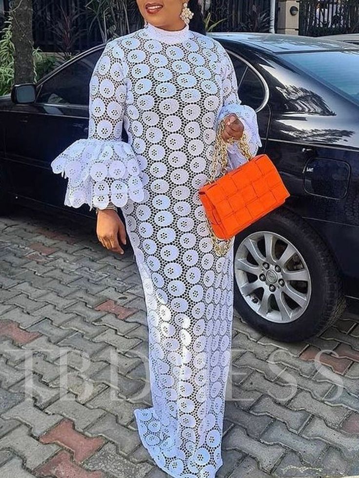 See-Through Floor-Length Stand Collar Long Sleeve Summer Women's Dress African Lace Styles, Elegant Plus Size, White Lace Maxi Dress, Lace Gown Styles, Lace Dress Styles, African Maxi Dresses, African Lace Dresses, Round Neck Dress, Asoebi Styles