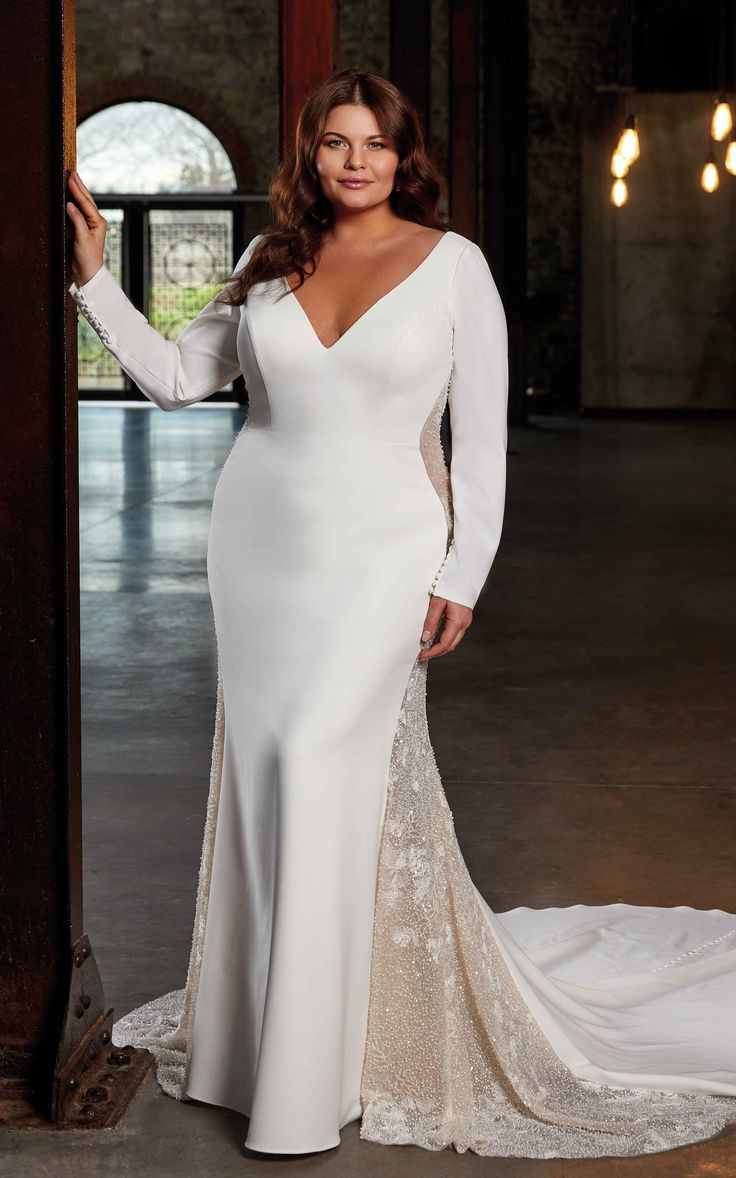 plus size bride wearing a long sleeve wedding gown with side mesh manels. Curvy Gown, Eddy K Wedding Dress, Moonlight Dress, Curvy Wedding Dress, Dress Curvy, Curvy Wedding, Eddy K, Long Sleeve Wedding Dress, Flare Gown