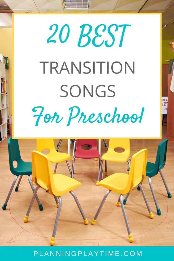 the words 20 best transition songs for preschool are in front of a classroom table with yellow chairs