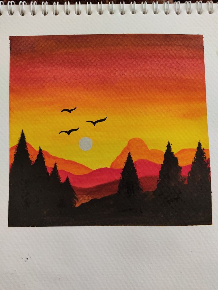 a painting of birds flying in the sky at sunset