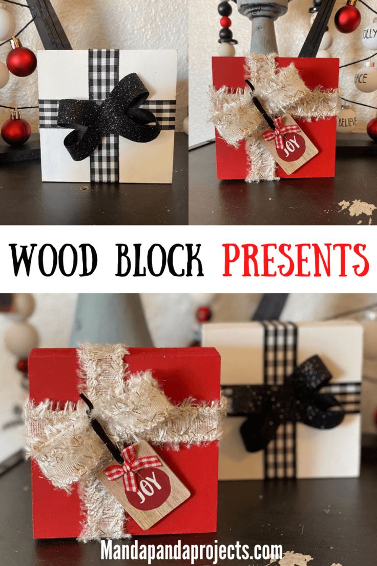 four different pictures of christmas presents with the words wood block presents on them and an ornament