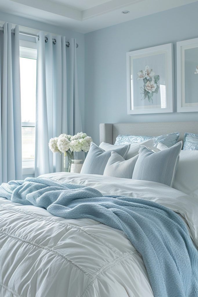 a bedroom with blue walls, white bedding and pictures on the wall above it