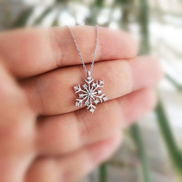 Silver Snowflake Necklace / 925 K Silver Christmas Gift Winter | Etsy Snow Flake Pendant Necklaces, Diamond Snowflake Necklace For Gift, Fine Jewelry Snowflake Gift, Christmas Silver Cubic Zirconia Necklace, Silver Cubic Zirconia Necklaces For Christmas, Silver Diamond Charm Necklace As Gift, White Gold Snowflake Necklace For Anniversary, Silver Snowflake Necklace For Holiday, Silver Snowflake Necklace For Anniversary