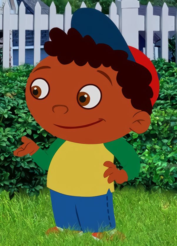 a cartoon boy standing in the grass with his hand on his hip and looking up