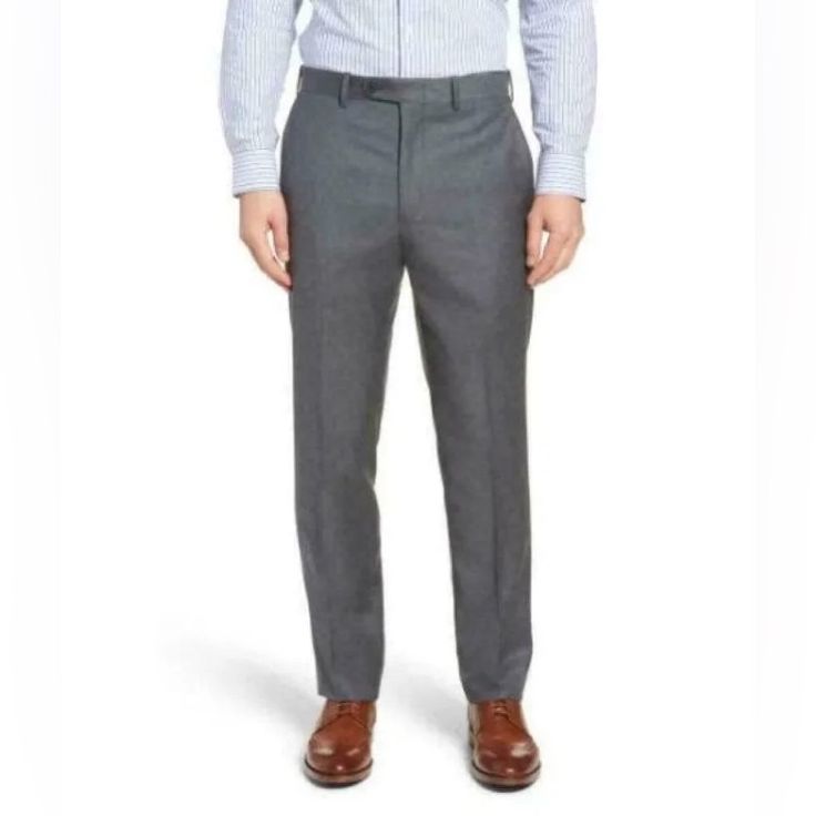 Nwt Mens Gray Traditional Fit Flat Front Dress Pants Zip Fly With Button-Tab Closure Front Slant Pockets Raw Hemline Back Button-Welt Pockets 100% Wool Tailored Formal Pants With Buttons, Formal Straight Dress Pants With Button Closure, Elegant Semi-formal Bottoms With Buttons, Tailored Business Bottoms With Button Closure, Business Straight Pants With Button Closure, Business Straight Leg Bottoms With Button Closure, Classic Office Bottoms With Button Cuffs, Tailored Bottoms With Button Closure For Business Casual, Tailored Straight Dress Pants With Buttons