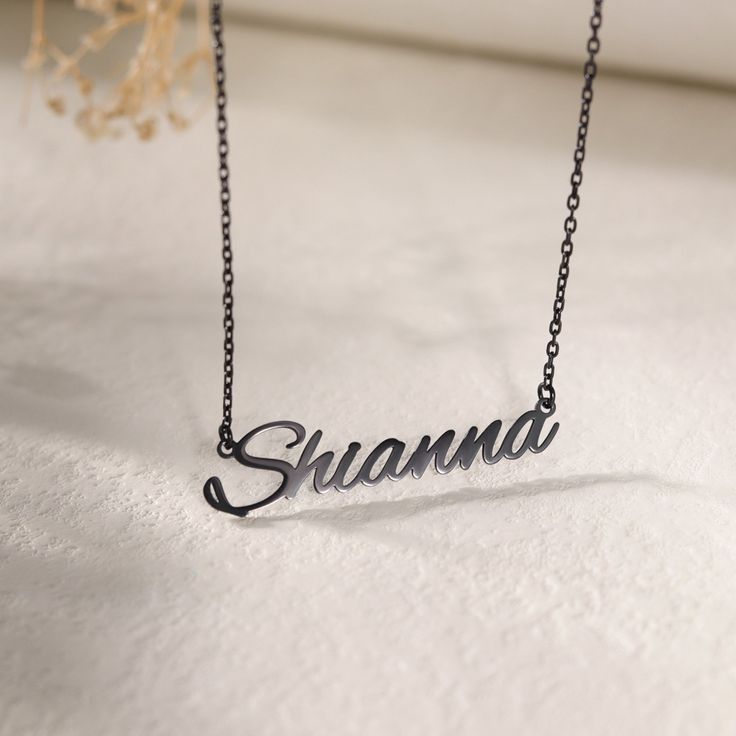 "Necklace Details 📿 ------------------------------------------------------ Feature: Minimalist design, multiple fonts, personalized name. Material: High quality 925 Sterling Silver Color: Black, Silver, Gold, Rose Gold. Chain length: 16\" and 20\" both with 2\" extension, 14\" and 24\" without extension chain, please contact us for custom lengths. Closure: Lobster claw. Chain type: Default Cable Chain. Box chain, ball chain, paperclip chain, curb chain, 3 mm rolo chain can be customized. Packag Customized Silver Name Necklace For Everyday Wear, Everyday Customized Silver Name Necklace, Minimalist Stainless Steel Nameplate Necklace, Minimalist Stainless Steel Name Necklace, Minimalist Personalized Stainless Steel Name Necklace, Customized Silver Minimalist Name Necklace, Customized Minimalist Silver Name Necklace, Trendy Personalized Black Necklace, Trendy Black Personalized Necklace